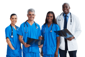 MEMA doctors in blue scrubs with stethoscopes around their necks