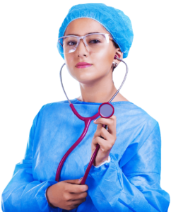 doctor wearing blue scrubs and safety glasses